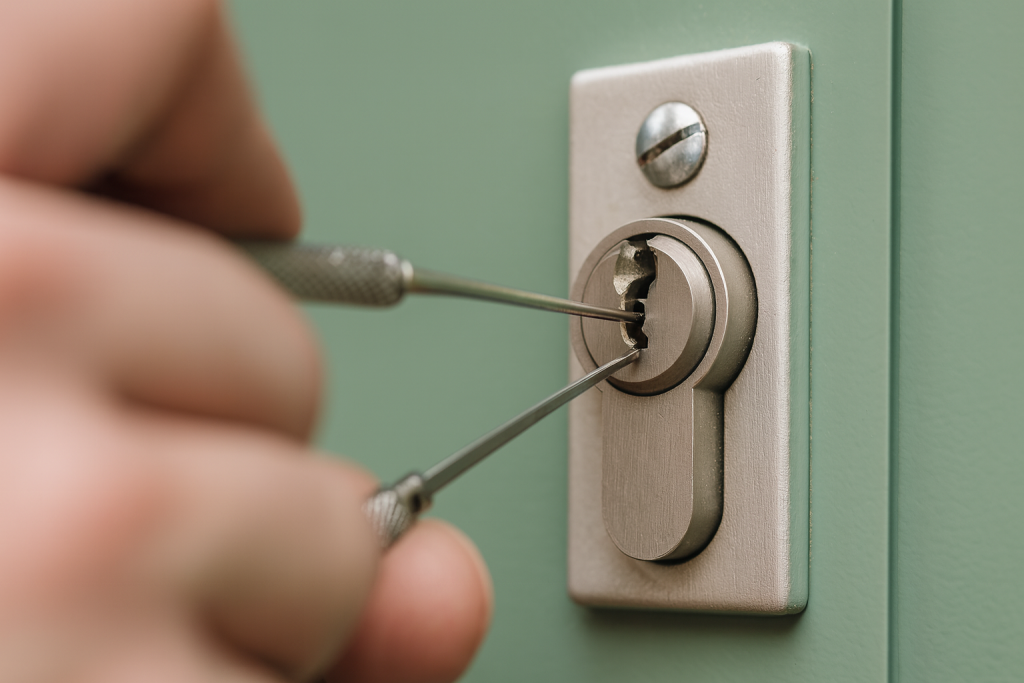 Locksmith picking a door lock with tools